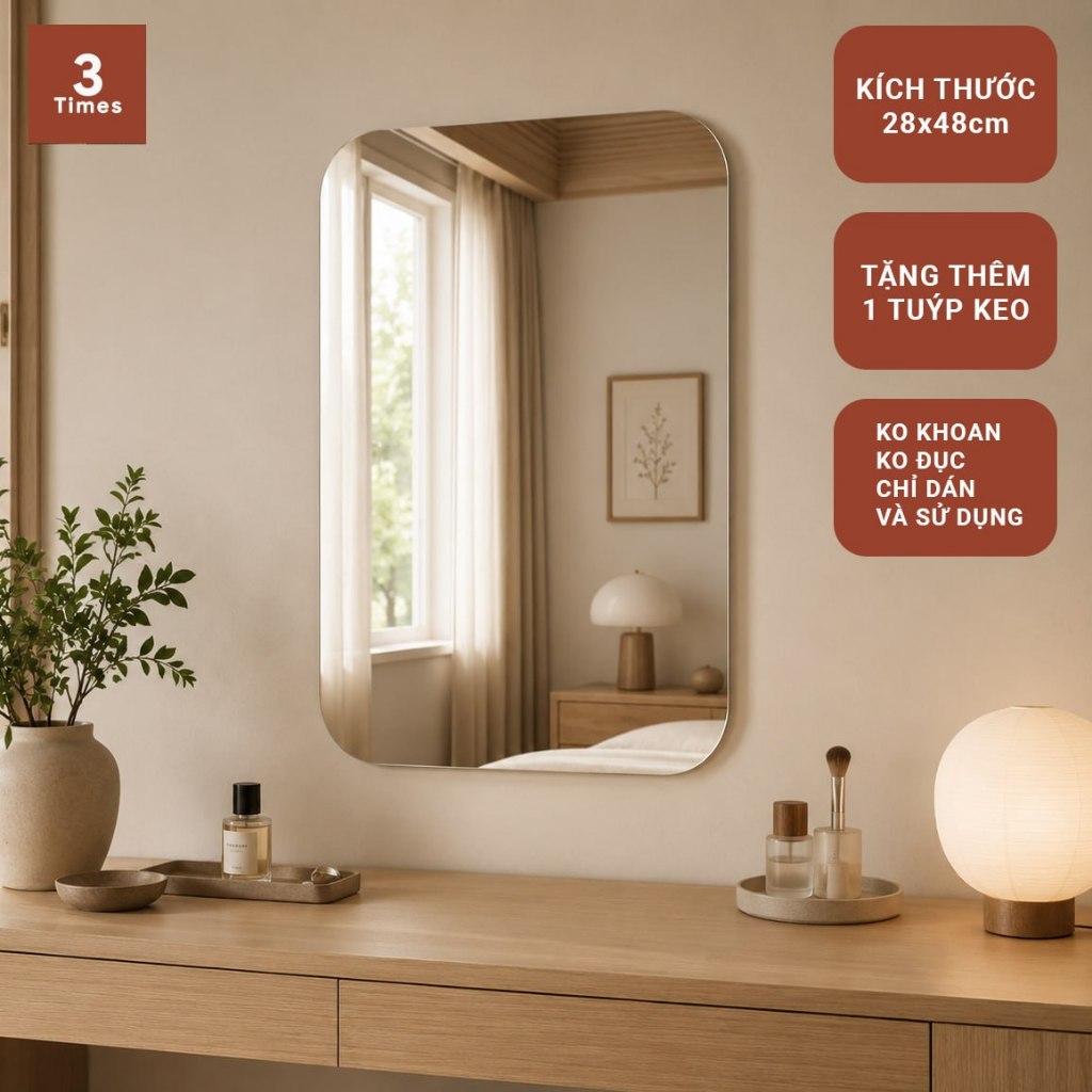 Gương Dán Tường Nhà Tắm 28x48cm Cao Cấp, Gương Decor Chữ Nhật Soi Siêu Nét, Phong Cách Hiện Đại, Dễ Dán Không Cần Khoan.