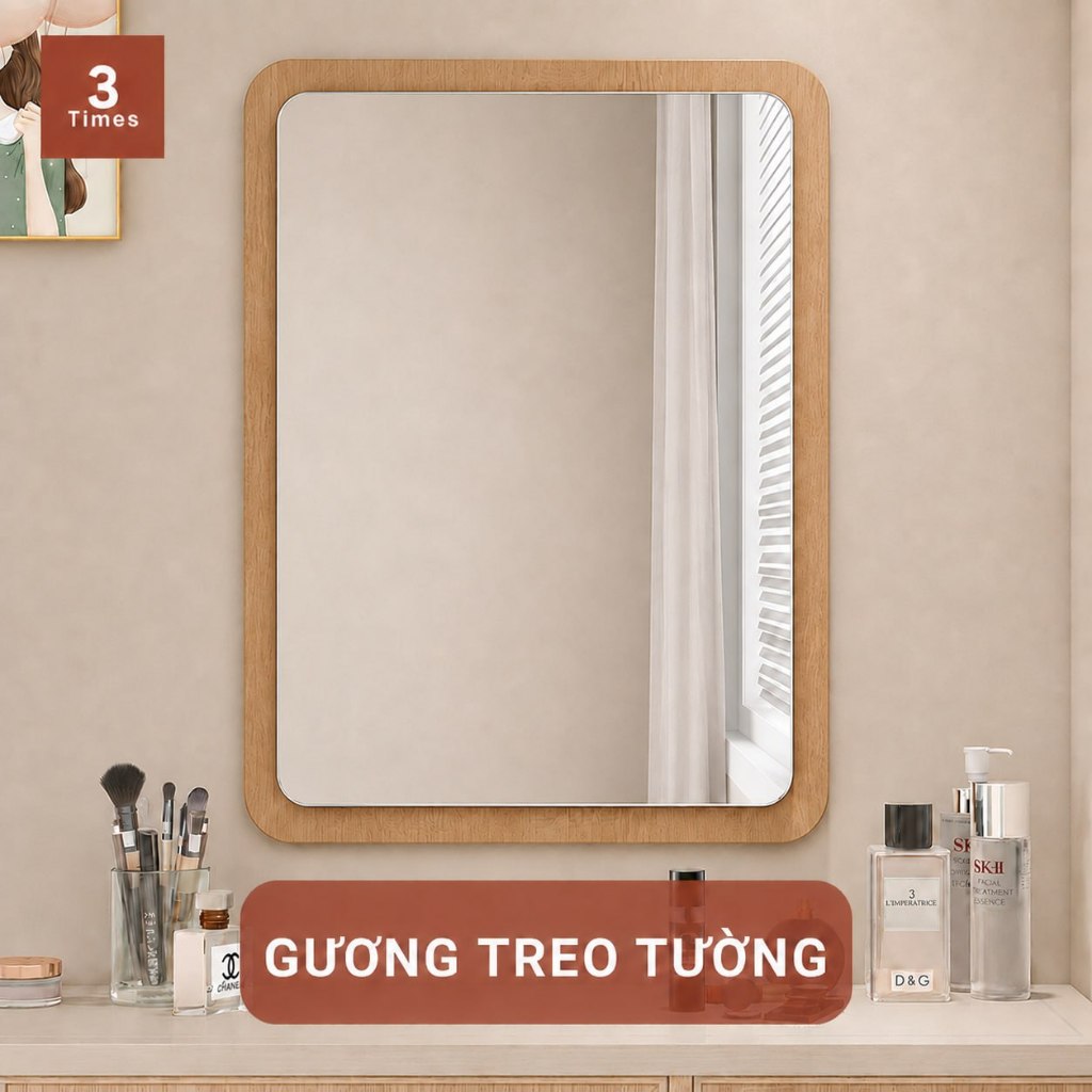 Gương Treo Tường Khung Gỗ MDF 50x70cm - Gương Mây, Gương Chữ Nhật, Gương Viên Thuốc Soi Bàn Trang Điểm.
