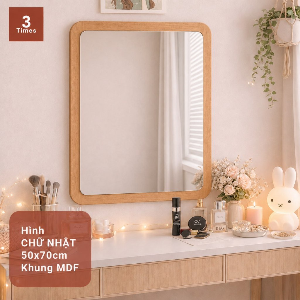 Gương Treo Tường Khung Gỗ MDF 50x70cm - Gương Mây, Gương Chữ Nhật, Gương Viên Thuốc Soi Bàn Trang Điểm.