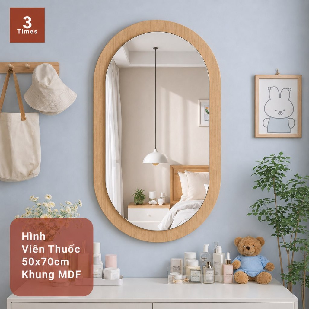 Gương Treo Tường Khung Gỗ MDF 50x70cm - Gương Mây, Gương Chữ Nhật, Gương Viên Thuốc Soi Bàn Trang Điểm.