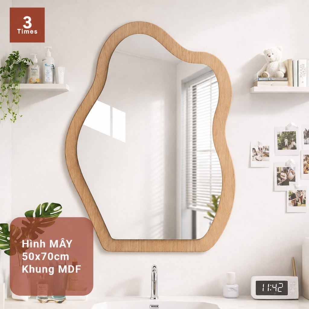 Gương Treo Tường Khung Gỗ MDF 50x70cm - Gương Mây, Gương Chữ Nhật, Gương Viên Thuốc Soi Bàn Trang Điểm.