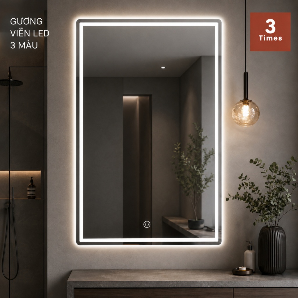 Gương Nhà Tắm Chữ Nhật Bo Góc 40x60 50x70 60x80cm – Gương Không LED, Hắt LED 3 Màu, Viền LED 3 Màu Cảm Ứng Treo Tường