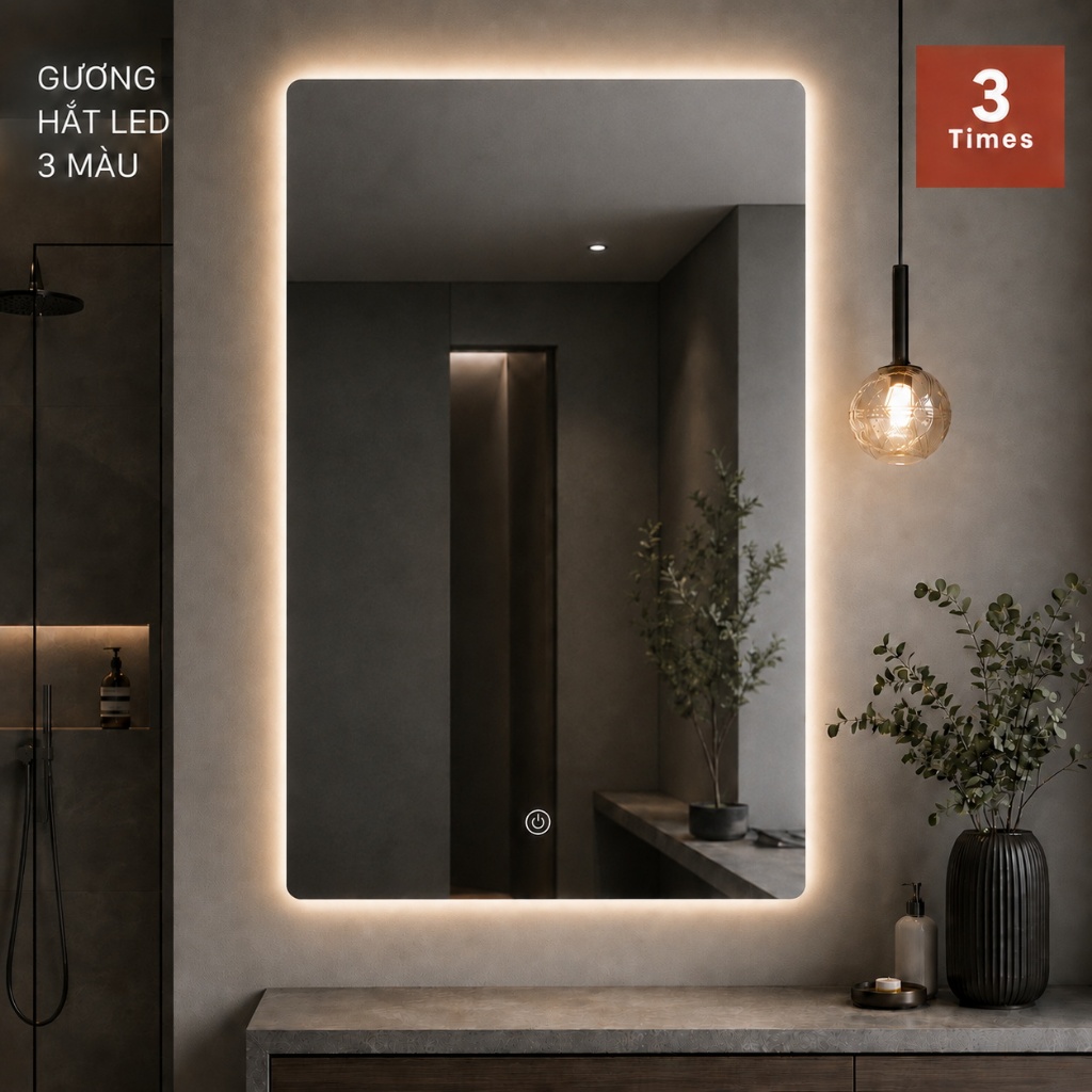 Gương Nhà Tắm Chữ Nhật Bo Góc 40x60 50x70 60x80cm – Gương Không LED, Hắt LED 3 Màu, Viền LED 3 Màu Cảm Ứng Treo Tường