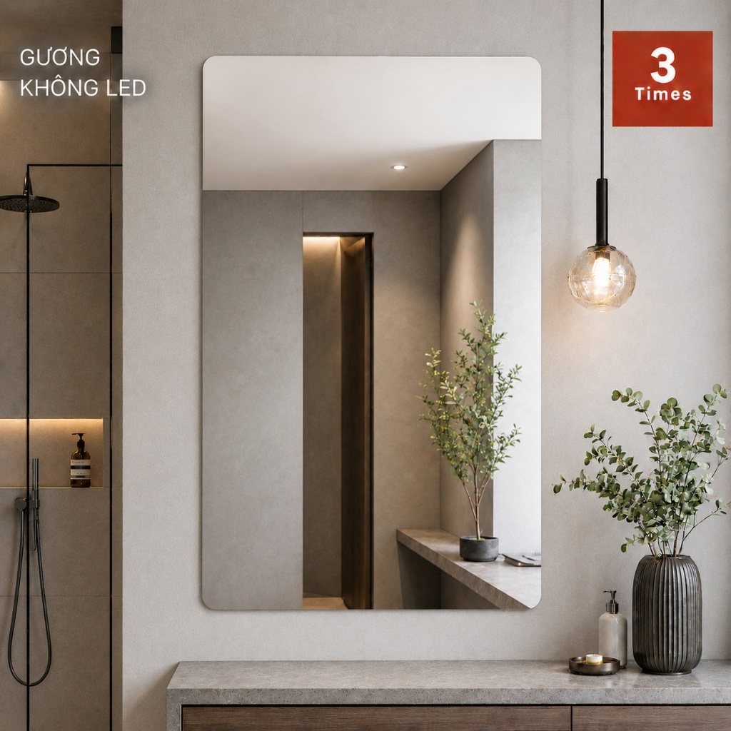Gương Nhà Tắm Chữ Nhật Bo Góc 40x60 50x70 60x80cm – Gương Không LED, Hắt LED 3 Màu, Viền LED 3 Màu Cảm Ứng Treo Tường