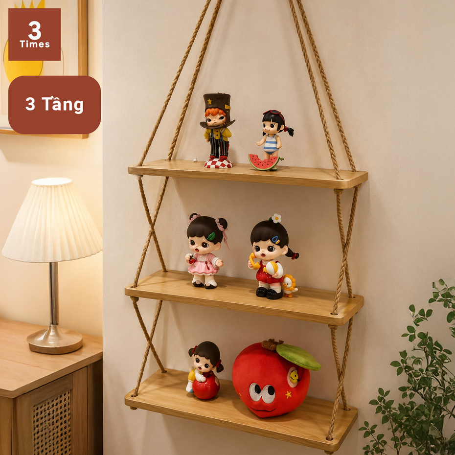 Kệ Dây Treo Trang Trí 3Times 1 2 3 Tầng, Kệ Gỗ Treo Tường Decor Ngang 28cm 38cm 48cm