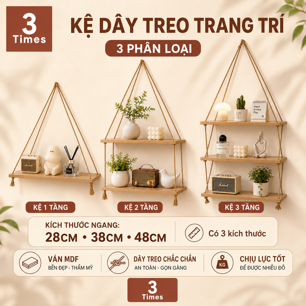 Kệ Gỗ Treo Tường Trang Trí 3Times 1 2 3 Tầng, Kệ Gỗ Treo Tường Decor Ngang 28cm 38cm 48cm