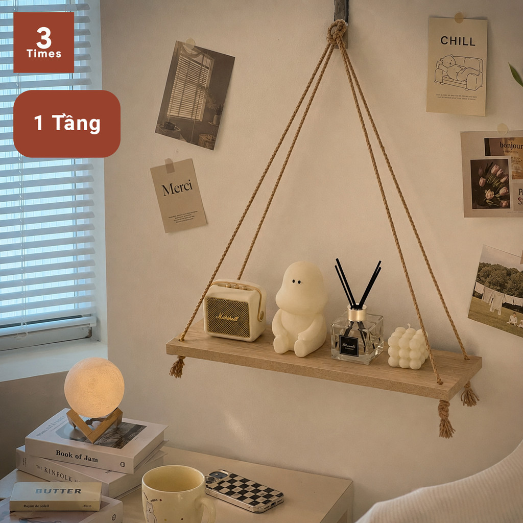 Kệ Gỗ Treo Tường Dây Thừng 4 Tầng, Kệ MDF Trang Trí Decor Phòng Ngủ Phòng Khách Ngang 60cm
