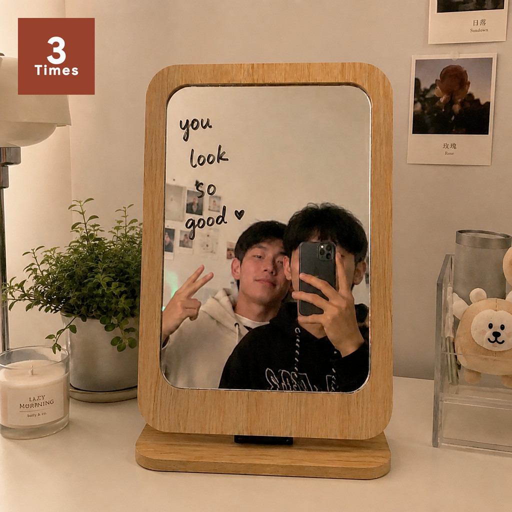Gương Trang Điểm Để Bàn Gỗ MDF Vân Gỗ 17x25cm, Gương Soi Rõ Nét Bo Góc, Điều Chỉnh Góc Nghiêng