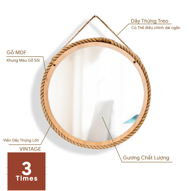 Gương tròn treo tường dây da, nhiều kích thước, bao bể vỡ, gương siêu nét, dây da siêu sang