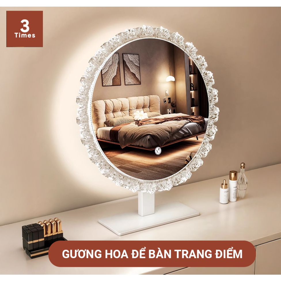 Gương Để Bàn Trang Điểm, Gương Để Bàn Trang Điểm Viền Hoa Led 3 Màu, Cảm Ứng Tắt Mở.