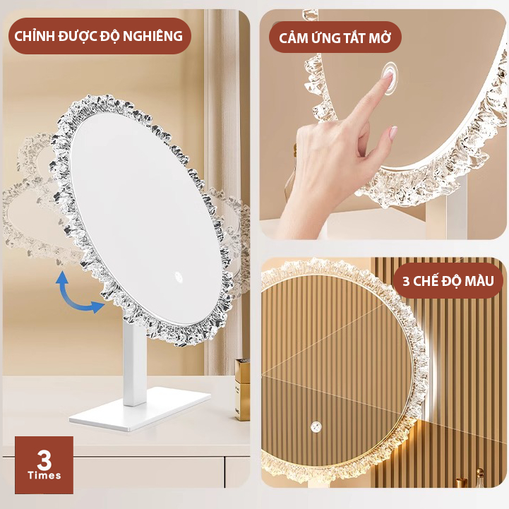 Gương Để Bàn Trang Điểm, Gương Để Bàn Trang Điểm Viền Hoa Led 3 Màu, Cảm Ứng Tắt Mở.