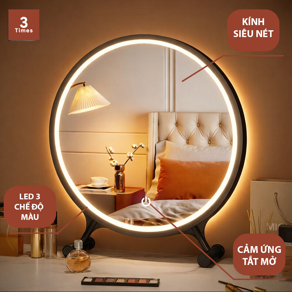 Gương Để Bàn Trang Điểm, Gương Để Bàn Trang Điểm Viền Hoa Led 3 Màu, Cảm Ứng Tắt Mở.