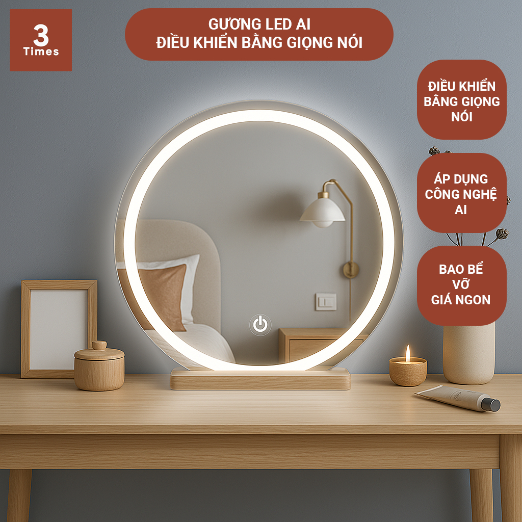 Gương Led Thông Minh A.I để bàn trang điểm, điều khiển bằng giọng nói, có cảm ứng tắt mở, nhiều kích thước, bao bể vỡ
