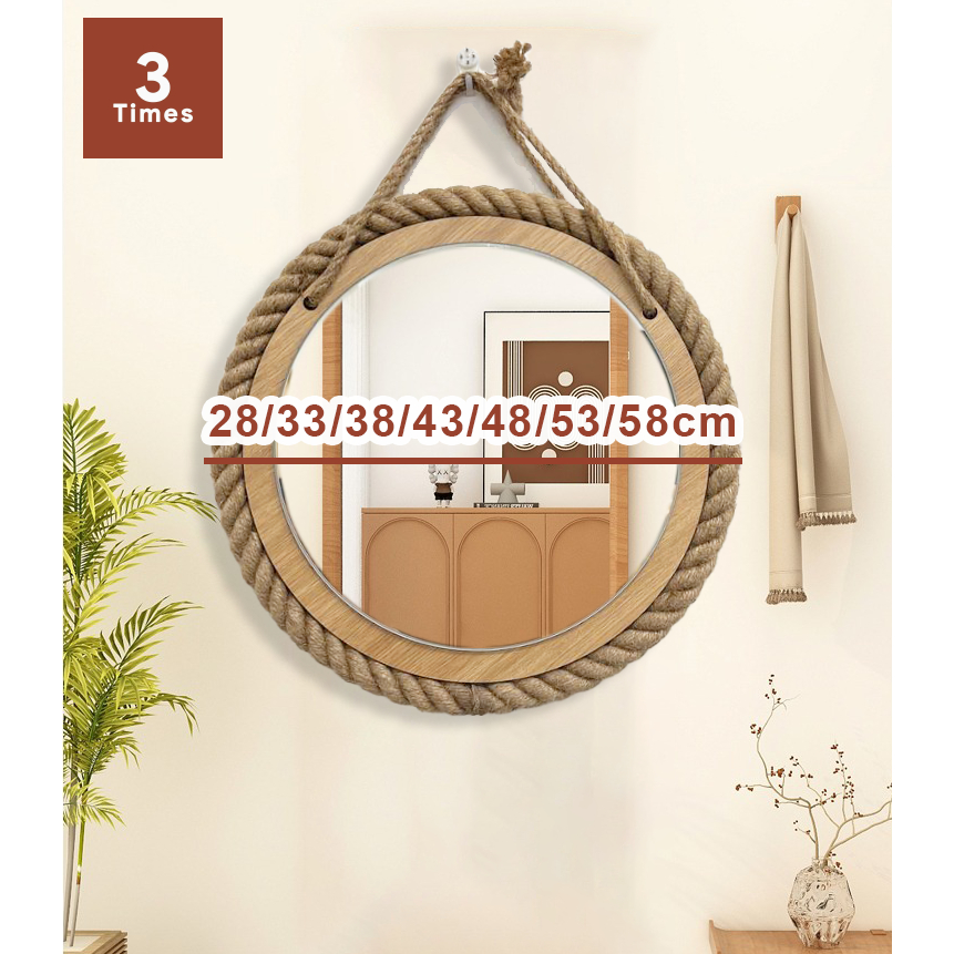 Gương tròn treo tường có viền dây thừng, khung gỗ, treo tường bằng dây thừng, bao bể vỡ, nhiều kích thước decor siêu đẹp