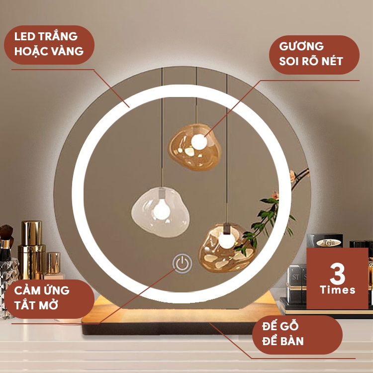 Gương để bàn trang điểm có led, gương tròn để bàn, nhiều kích thước, có cảm ứng tắt mở