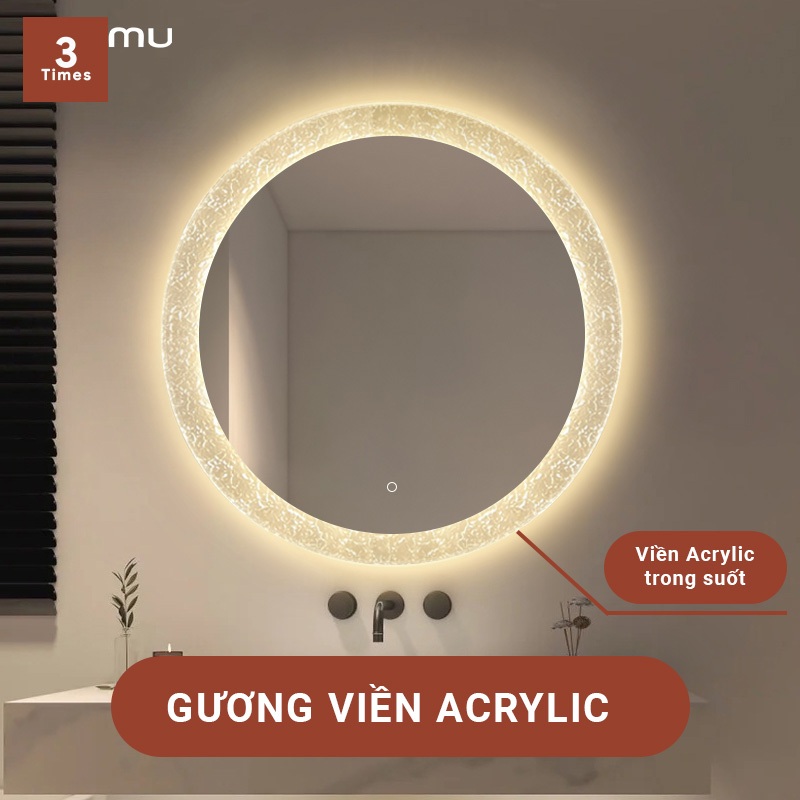Gương Tròn LED Treo Tường Viền Acrylic Trong Suốt, Ánh Sáng 3 Chế Độ, Phong Cách Châu Âu Sang Trọng Cho Mọi Kiến Trúc.