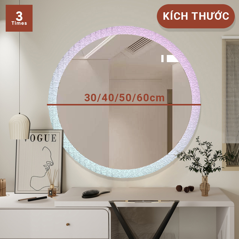 Gương Tròn LED Treo Tường Viền Acrylic Ombre Chạy Màu Cầu Vồng, LED 3 Màu, Cảm Ứng Tắt Mở, Bao Bễ Vỡ
