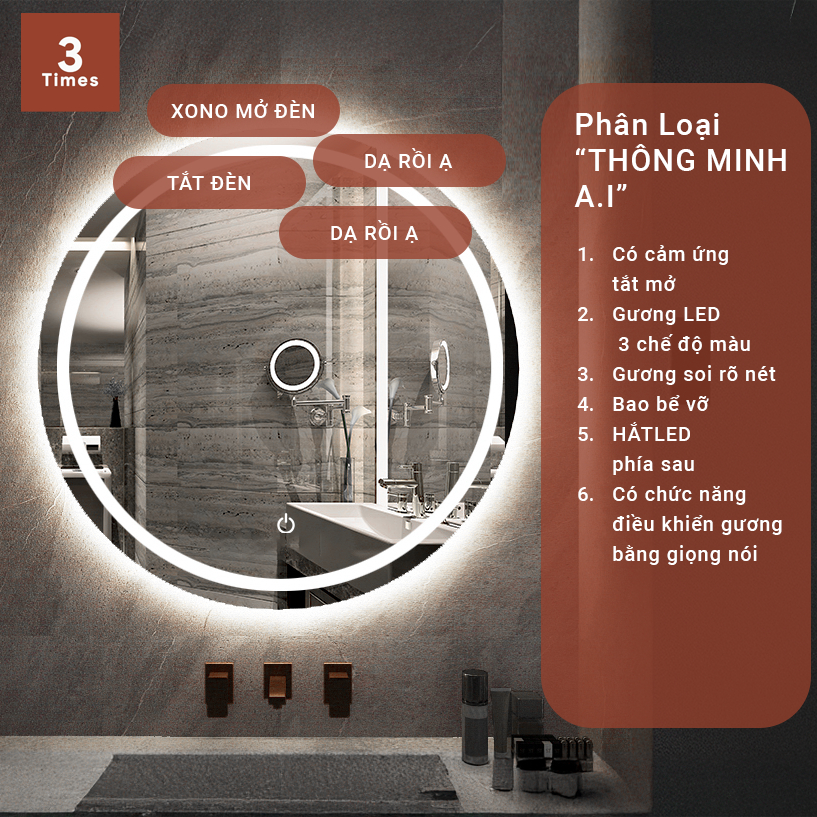 Gương Led Thông Minh A.I điều khiển bằng giọng nói, treo bàn trang điểm, nhà tắm, có cảm ứng tắt mở, nhiều kích thước