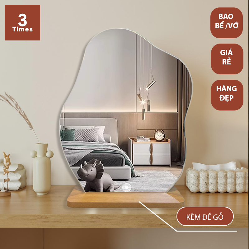 Gương mây để bàn trang điểm, hình hạt đậu, gương soi siêu nét, kèm để gỗ, bao bể vỡ, nhiều size