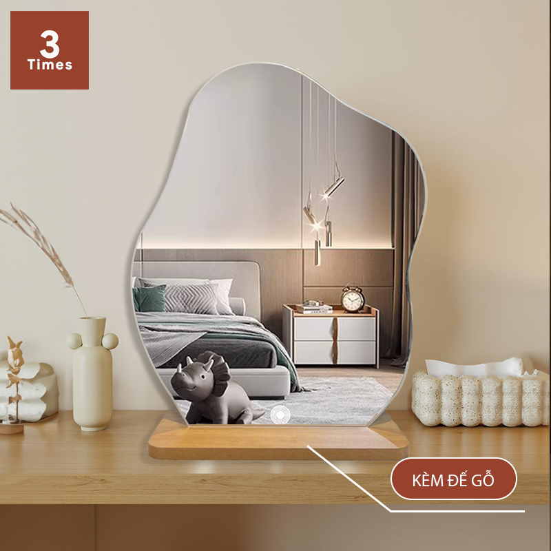 Gương mây để bàn trang điểm, hình hạt đậu, gương soi siêu nét, kèm để gỗ, bao bể vỡ, nhiều size