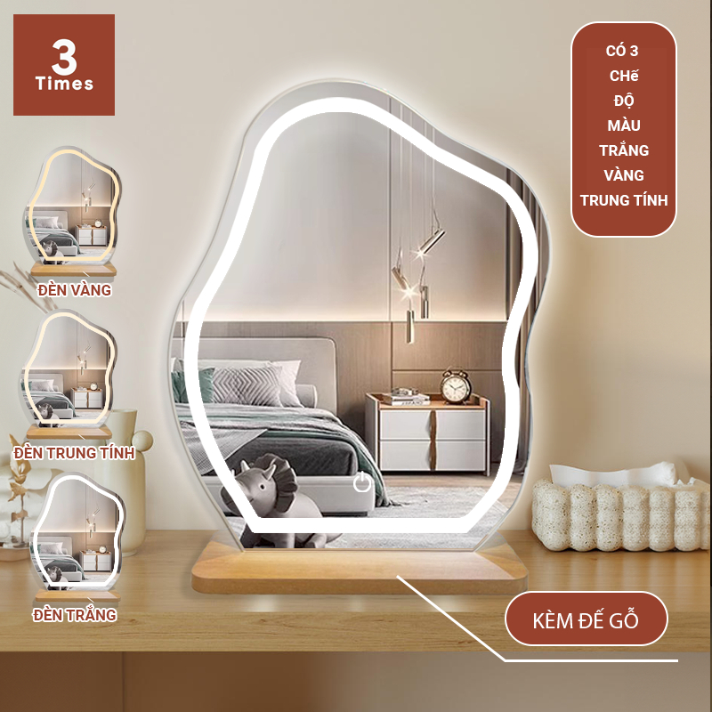 Gương để bàn trang điểm có LED hình mây, hạt đậu, LED 3 CHẾ ĐỘ MÀU, kèm đế gỗ, siêu nét, bao bể vỡ