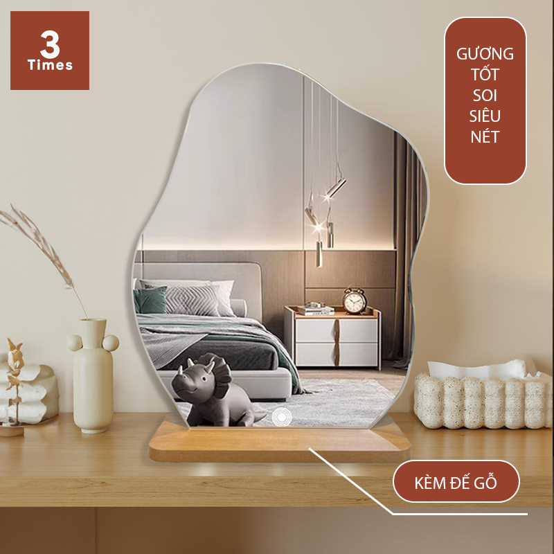 Gương để bàn trang điểm có LED hình mây, hạt đậu, LED 3 CHẾ ĐỘ MÀU, kèm đế gỗ, siêu nét, bao bể vỡ