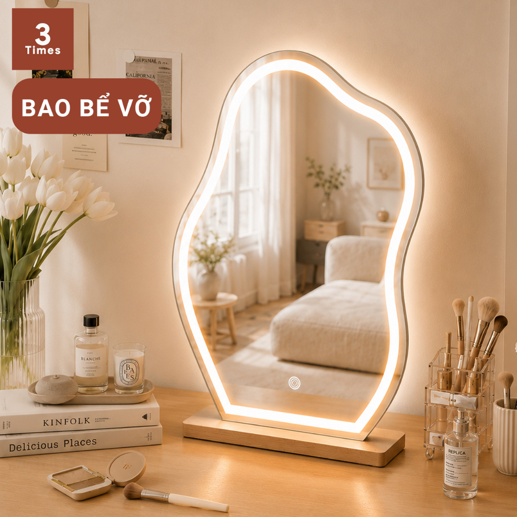 Gương để bàn trang điểm có LED hình mây, hạt đậu, LED 3 CHẾ ĐỘ MÀU, kèm đế gỗ, siêu nét, bao bể vỡ