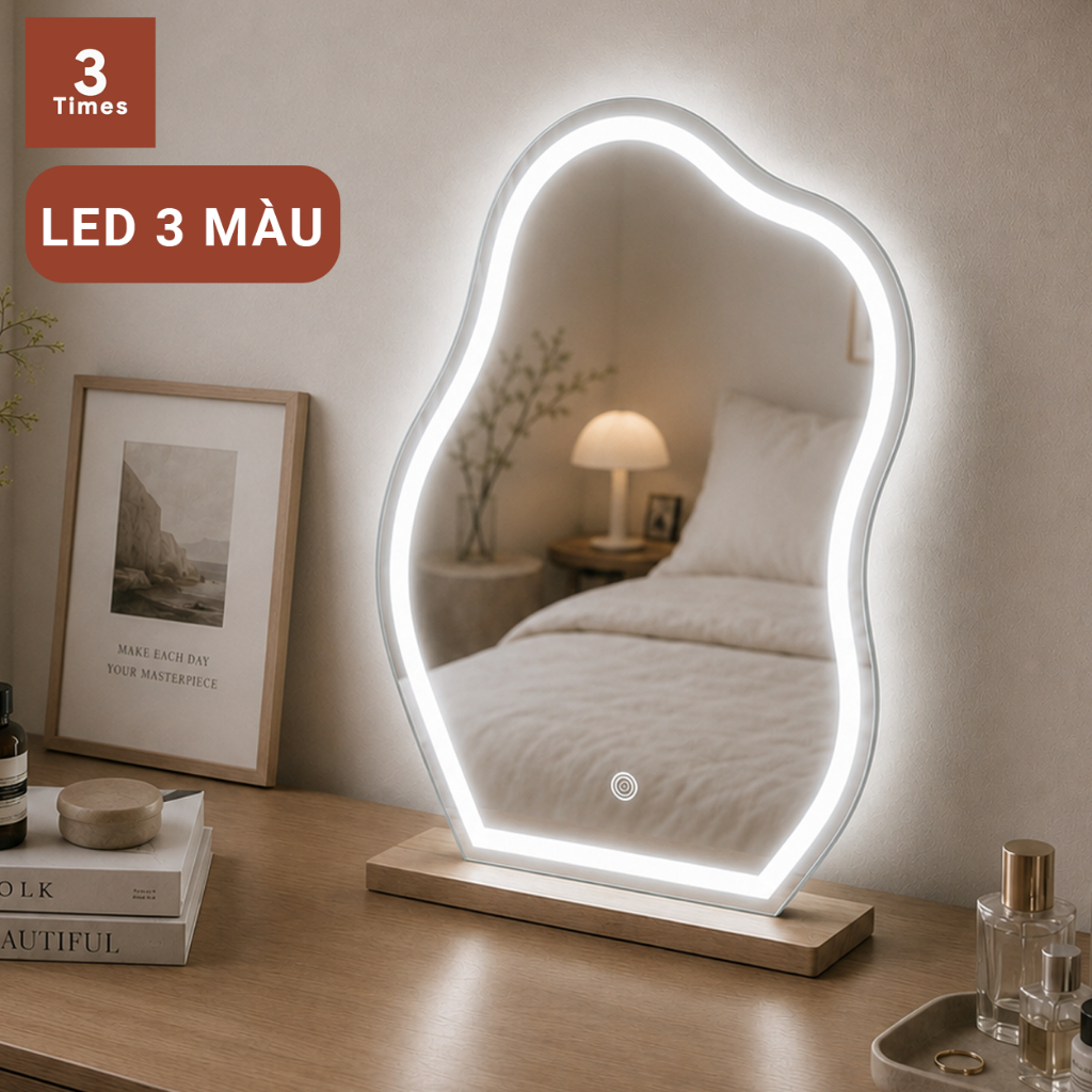 Gương để bàn trang điểm có LED hình mây, hạt đậu, LED 3 CHẾ ĐỘ MÀU, kèm đế gỗ, siêu nét, bao bể vỡ