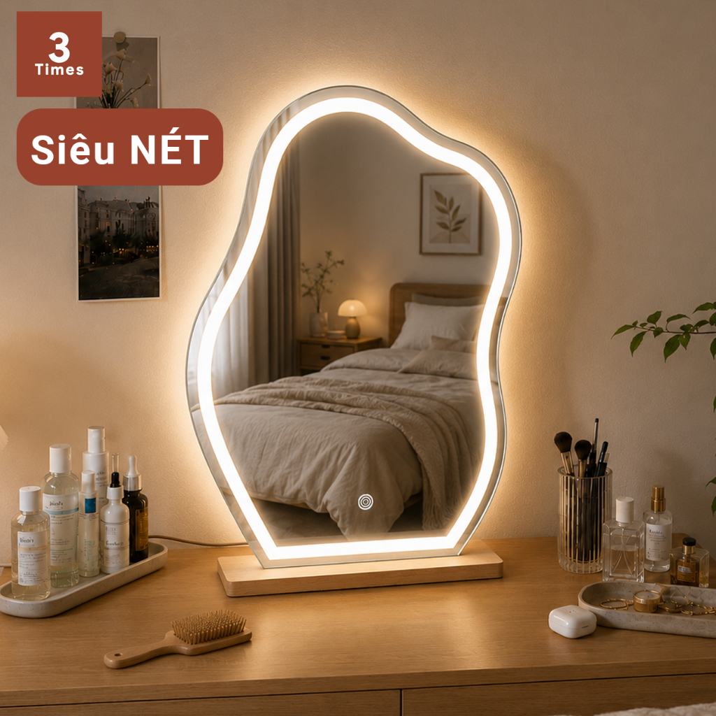 Gương để bàn trang điểm có LED hình mây, hạt đậu, LED 3 CHẾ ĐỘ MÀU, kèm đế gỗ, siêu nét, bao bể vỡ