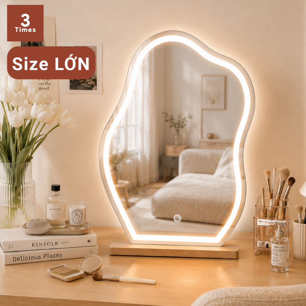 Gương để bàn trang điểm có LED hình mây, hạt đậu, LED 3 CHẾ ĐỘ MÀU, kèm đế gỗ, siêu nét, bao bể vỡ