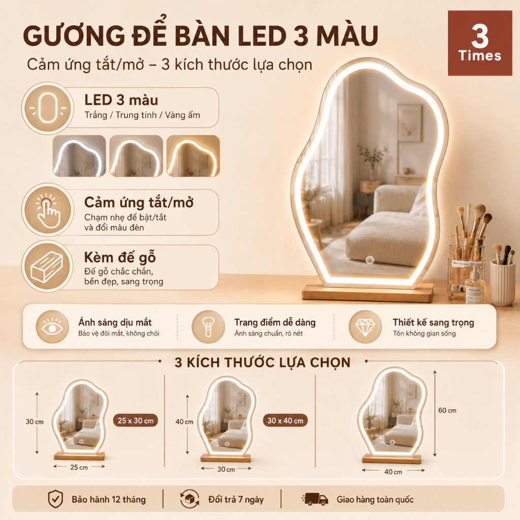 Gương để bàn trang điểm có LED hình mây, hạt đậu, LED 3 CHẾ ĐỘ MÀU, kèm đế gỗ, siêu nét, bao bể vỡ