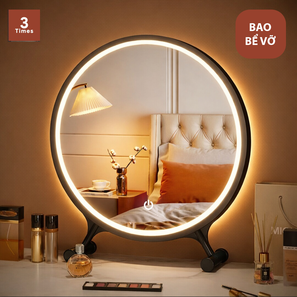 Gương để bàn trang điểm có LED hình mây, hạt đậu, LED 3 CHẾ ĐỘ MÀU, kèm đế gỗ, siêu nét, bao bể vỡ