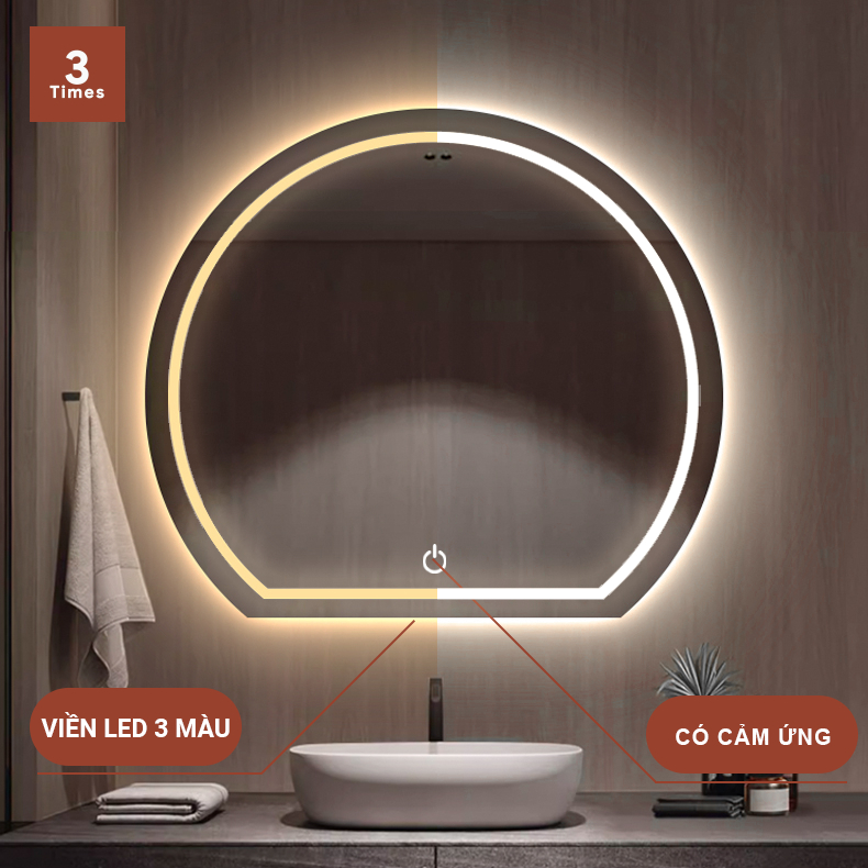 Gương tròn khuyết có led treo tường, gương tròn bán nguyệt, có cảm ứng trên gương, bao bể vỡ, treo tường decor rất đẹp
