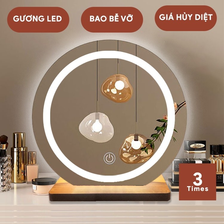 Gương để bàn trang điểm có led, gương tròn để bàn, bao bể vỡ, nhiều kích thước, có cảm ứng tắt mở