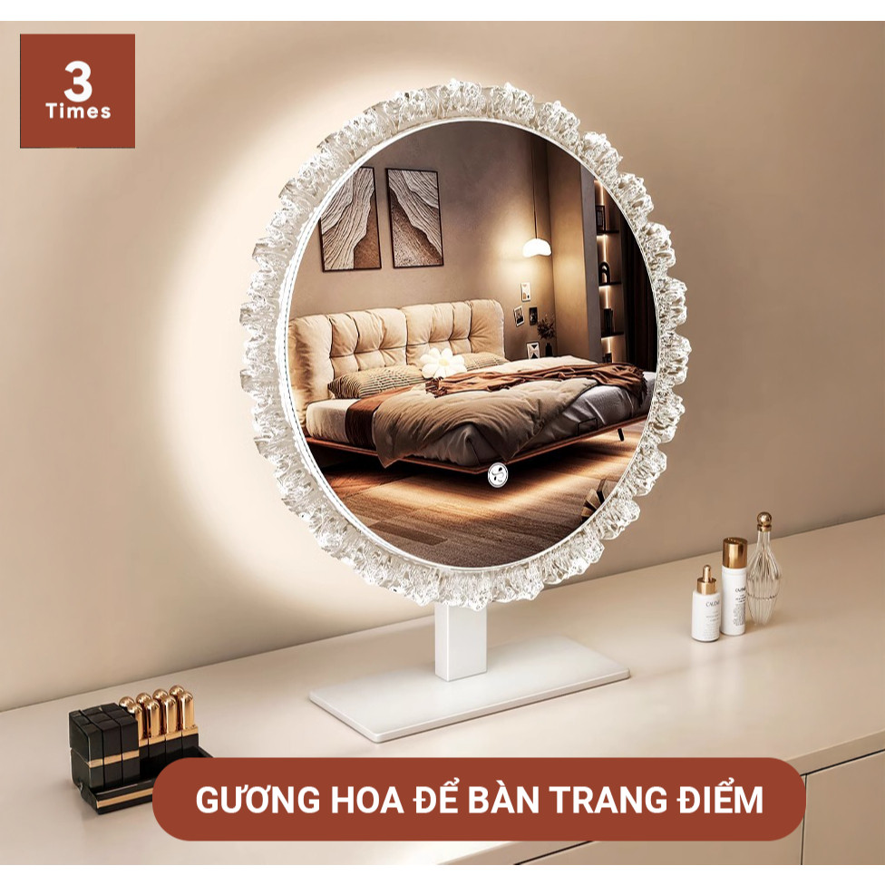 Gương Để Bàn Trang Điểm, Gương Để Bàn Trang Điểm Viền Hoa Led 3 Màu, Cảm Ứng Tắt Mở.