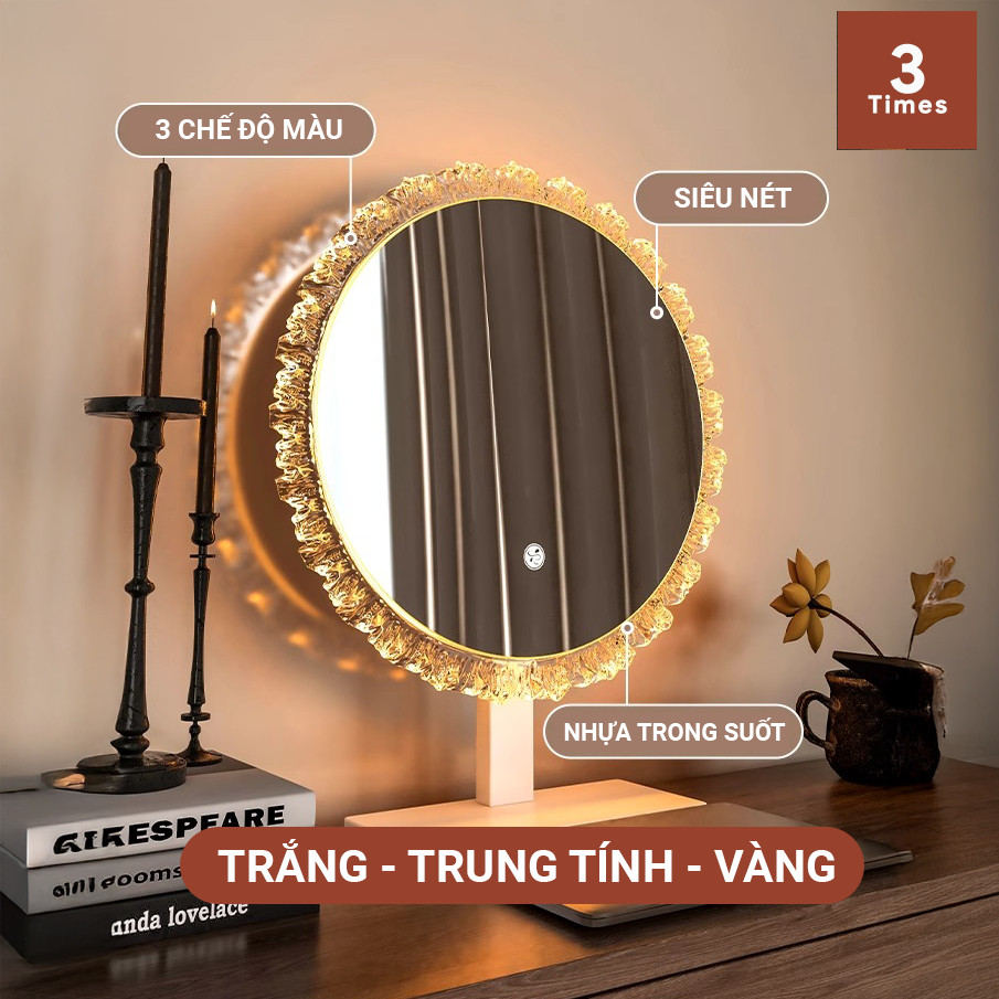 Gương Để Bàn Trang Điểm, Gương Để Bàn Trang Điểm Viền Hoa Led 3 Màu, Cảm Ứng Tắt Mở.