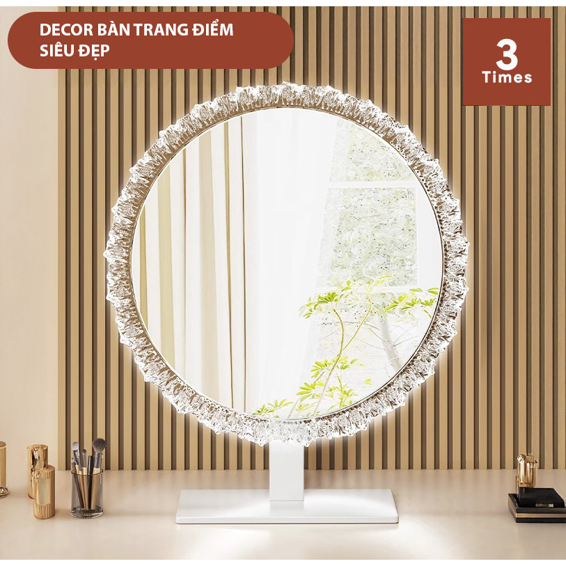 Gương Để Bàn Trang Điểm, Gương Để Bàn Trang Điểm Viền Hoa Led 3 Màu, Cảm Ứng Tắt Mở.
