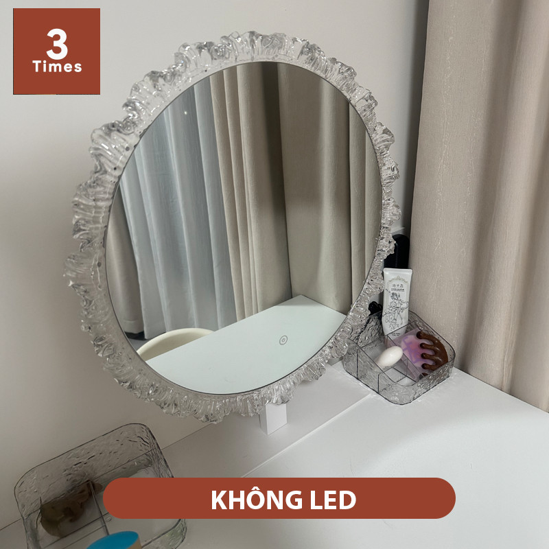 Gương Để Bàn Trang Điểm, Gương Để Bàn Trang Điểm Viền Hoa Led 3 Màu, Cảm Ứng Tắt Mở.