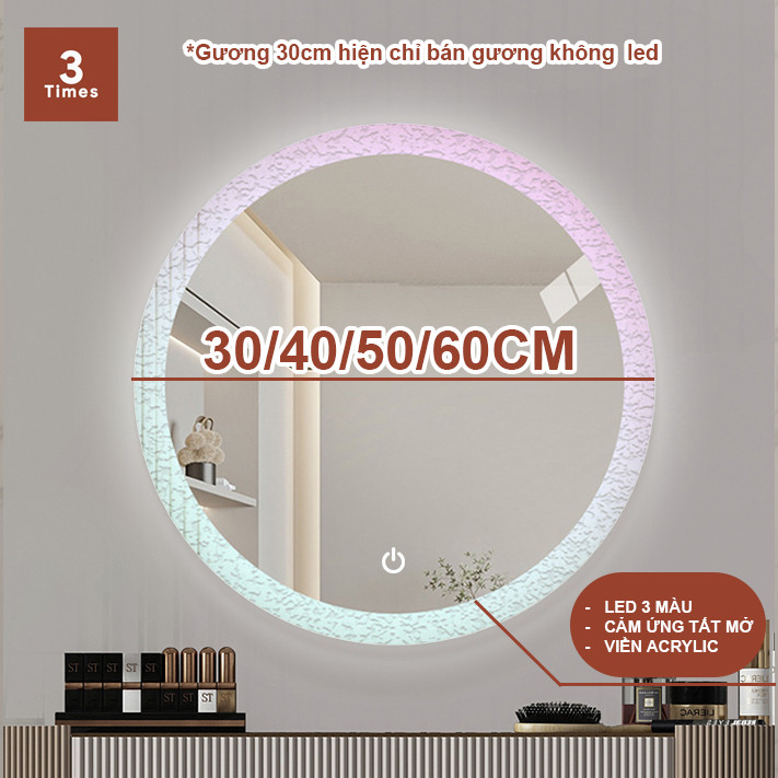 Gương Tròn LED Treo Tường Viền Acrylic Trong Suốt, Ánh Sáng 3 Chế Độ, Phong Cách Châu Âu Sang Trọng Cho Mọi Kiến Trúc.